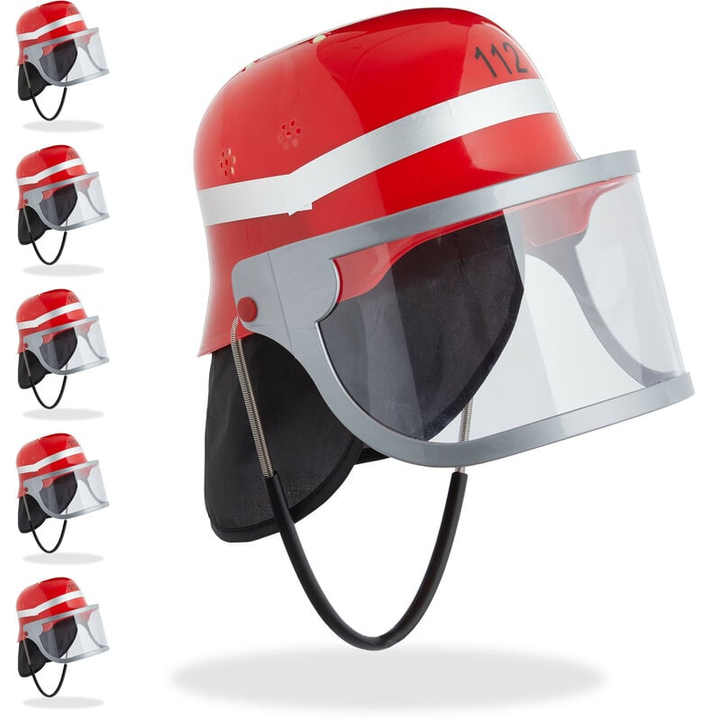 Relaxdays - Set of 6 Kids' Fireman Helmets, Visor, Neck Cloth & Chin Strap, Adjustable Head Girth, Firefighter Hat, Red