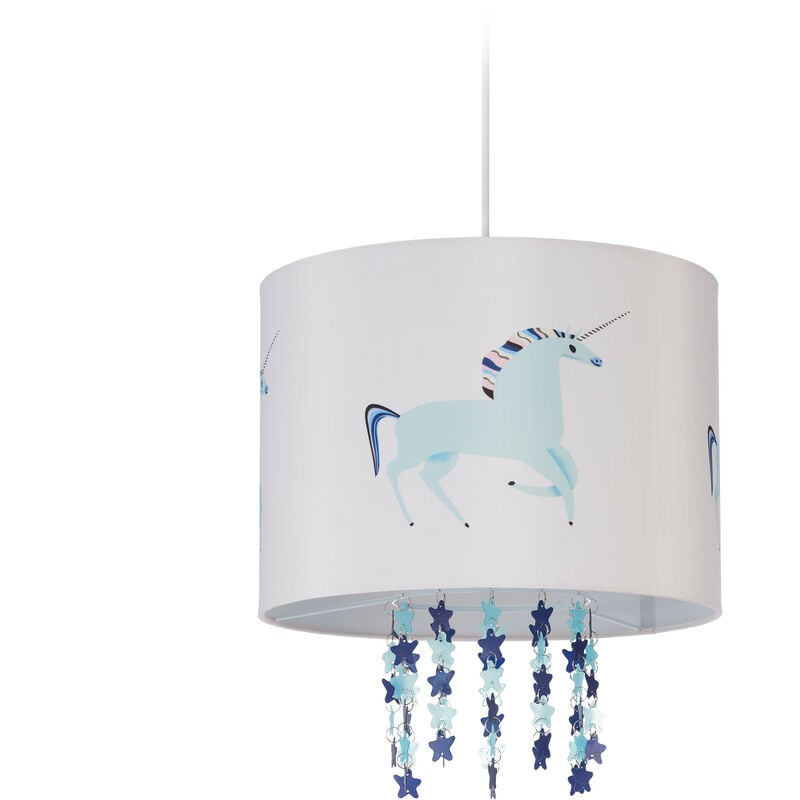 Image of Relaxdays Kids Light Fixture, Lampshade with Unicorn, 158 x 35 cm, E27, Hanging Lamp for Children's Room, Cream/Blue