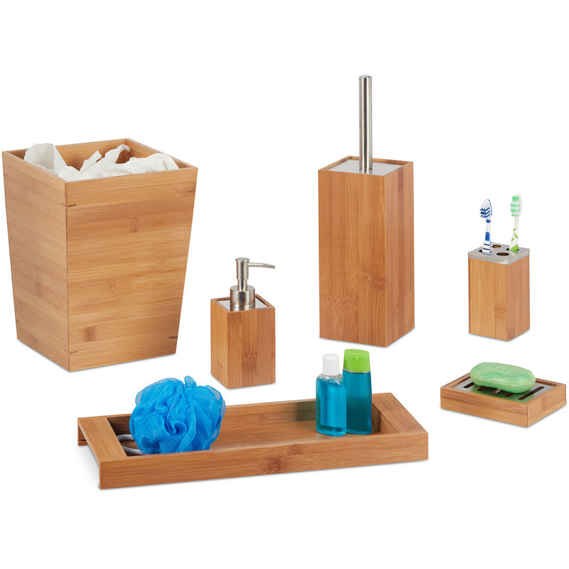 Kit Bagno Porta Sapone, 6 pz Bambù, Dosatore, Cestino, Porta-Scopino, Ripiano, Portaspazzolino, legno naturale - Relaxdays