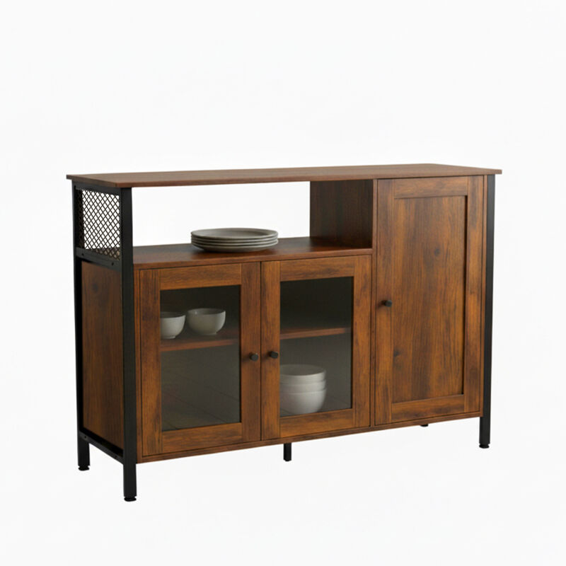 Relaxdays Kitchen Cupboard With Glass Doors, Hwd, 75 X 110 X 33 Cm, Kitchen Sideboard, Industrial, Dark Brown/black