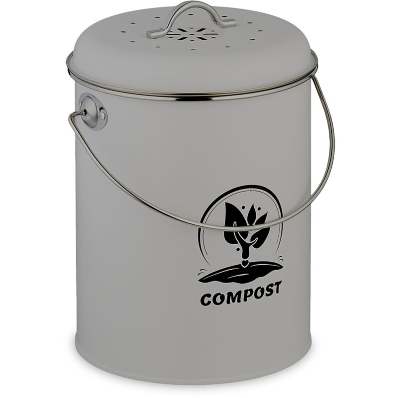 Relaxdays Kitchen Compost Bin, 5.5 Litres, Iron, Odour Filter, With Lid & Handle, Organic Food Waste Caddy, Round