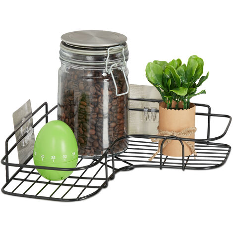 Relaxdays Kitchen Corner Shelf, Adhesive Basket, Stick Up, Wall, Spice Rack, HxWxD: 5.5x26x26 cm, Iron, Black