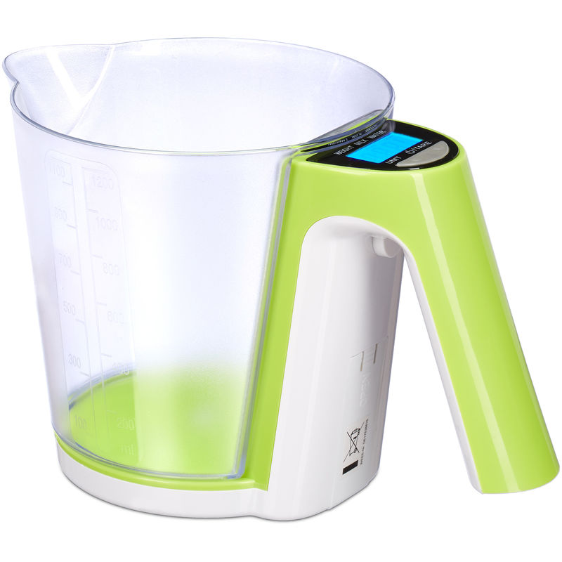 Kitchen Scale, Removable Plastic Cup, Weigh, Diff. Measuring Units, Tare Function, Max. 2 kg, Green/White - Relaxdays