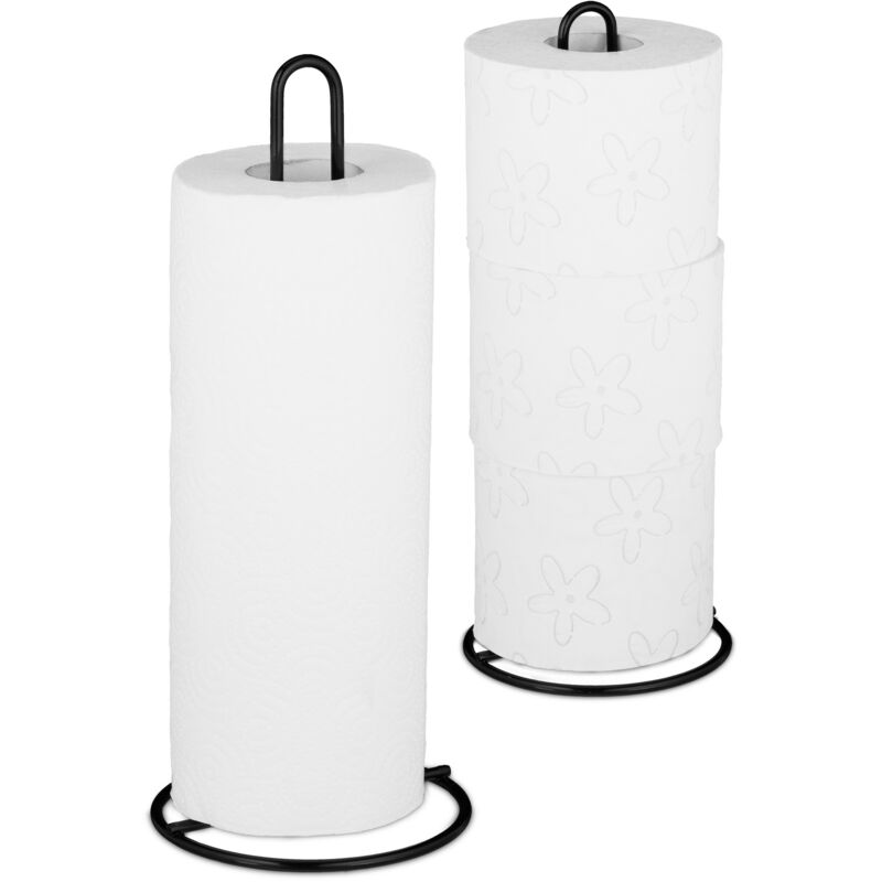 Relaxdays Kitchen Towel Holder Set of 2, Freestanding, Toilet Paper Organiser, Metal, Subtle, HD 32x13 cm, Black