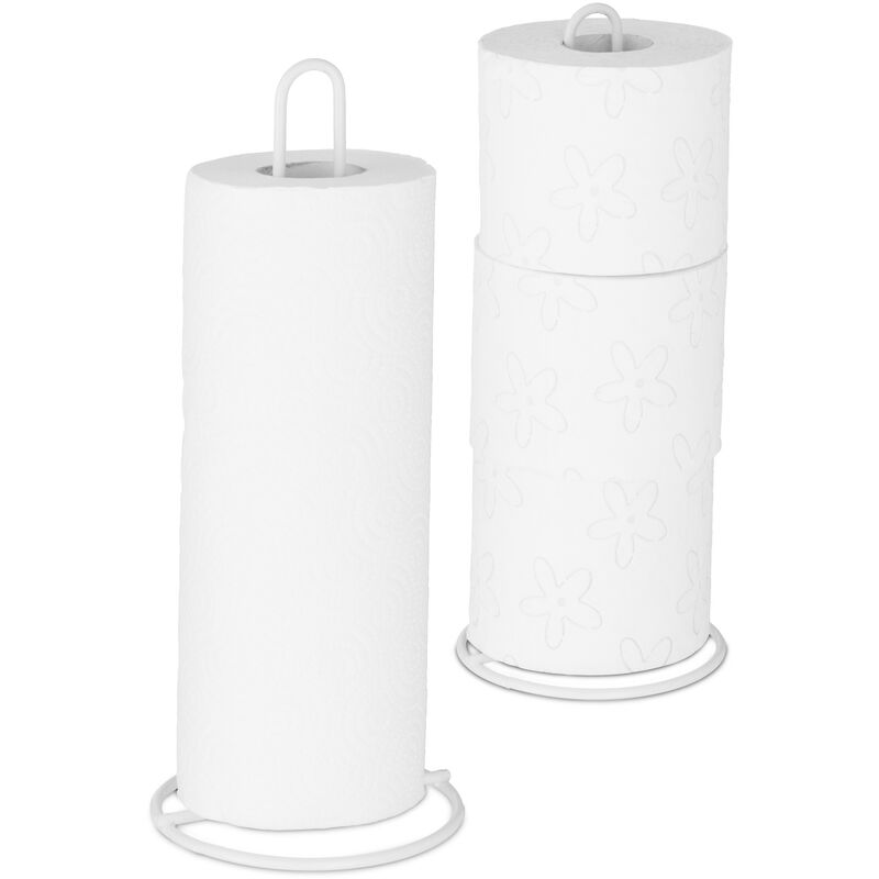 Relaxdays Kitchen Towel Holder Set of 2, Freestanding, Toilet Paper Organiser, Metal, Subtle, HD 32x13 cm, White