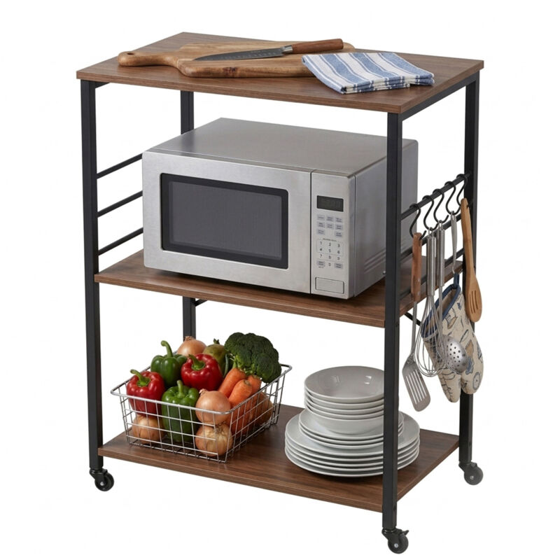 Relaxdays Kitchen Trolley, 3 Shelves, 6 S-hooks, Hxwxd 89x60x40 Cm, Mdf & Steel, Industrial Serving Trolley, Brown/black
