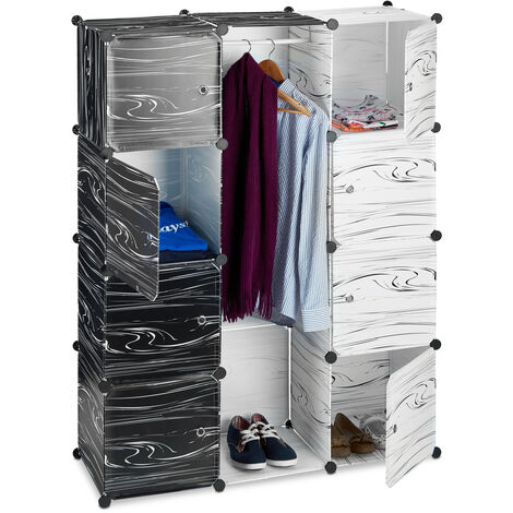   Kleiderschrank schwarz weiß, Garderobe modern, Regalsystem 9 Fächer, Raumteiler Kunststoff, 145 x 110 x 37 cm