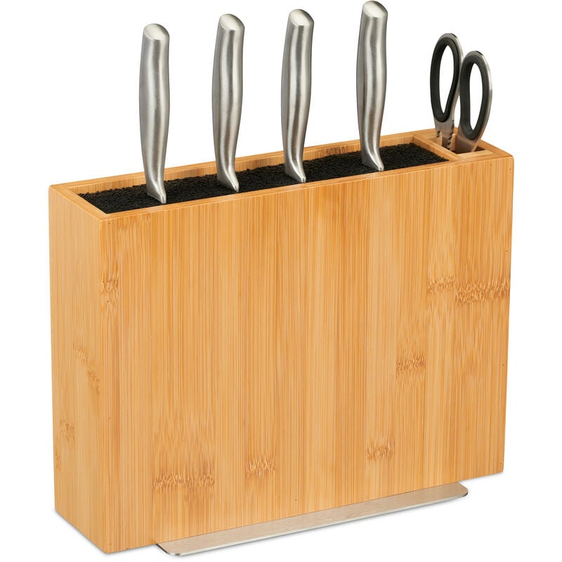 Knife Block, Bamboo, Storage for Blades, Universal Holder, Bristle Insert, Rack, Without Knives, Natural/Black - Relaxdays