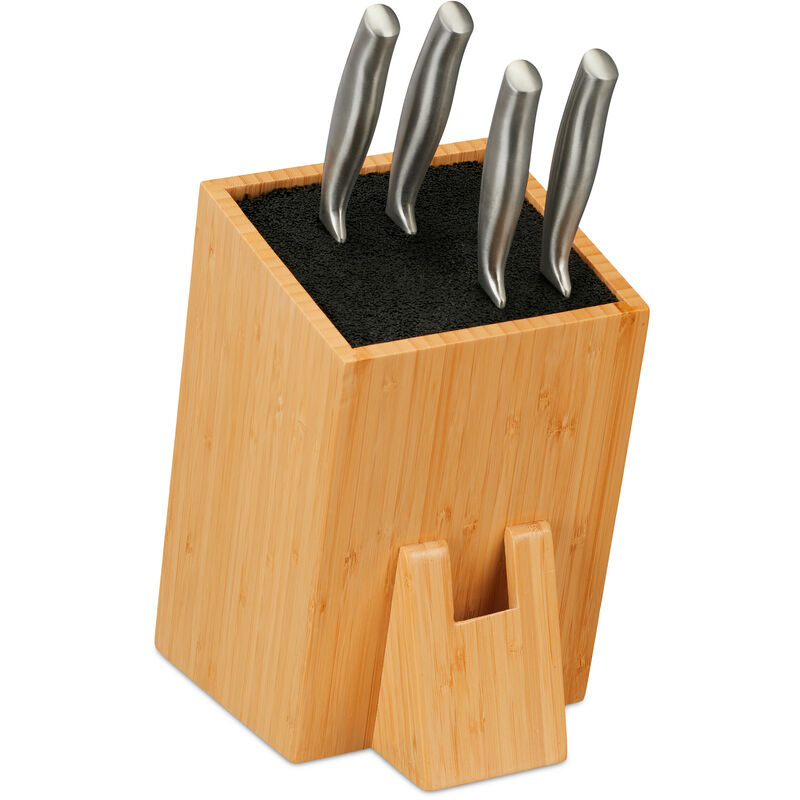 Knife Block, Storage for Blades, Universal Holder, Bristle Insert, Bamboo Rack, Without Knives, Natural/Black - Relaxdays