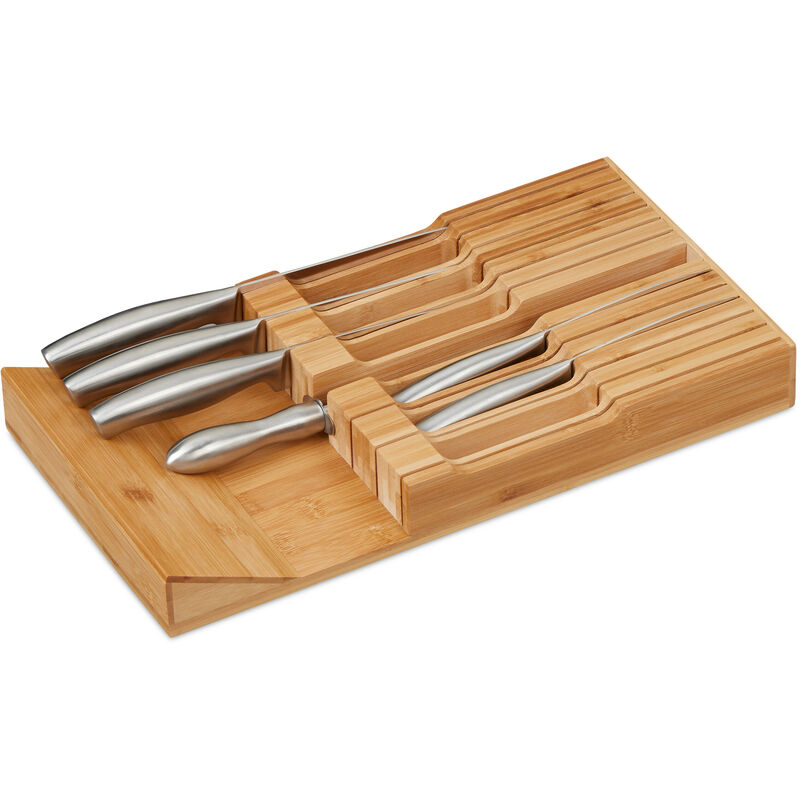 Knife Holder, Drawer Insert, for 12 Knives & Sharpener, Bamboo, Horizontal Storage, 5 x 43 x 23 cm, Natural - Relaxdays