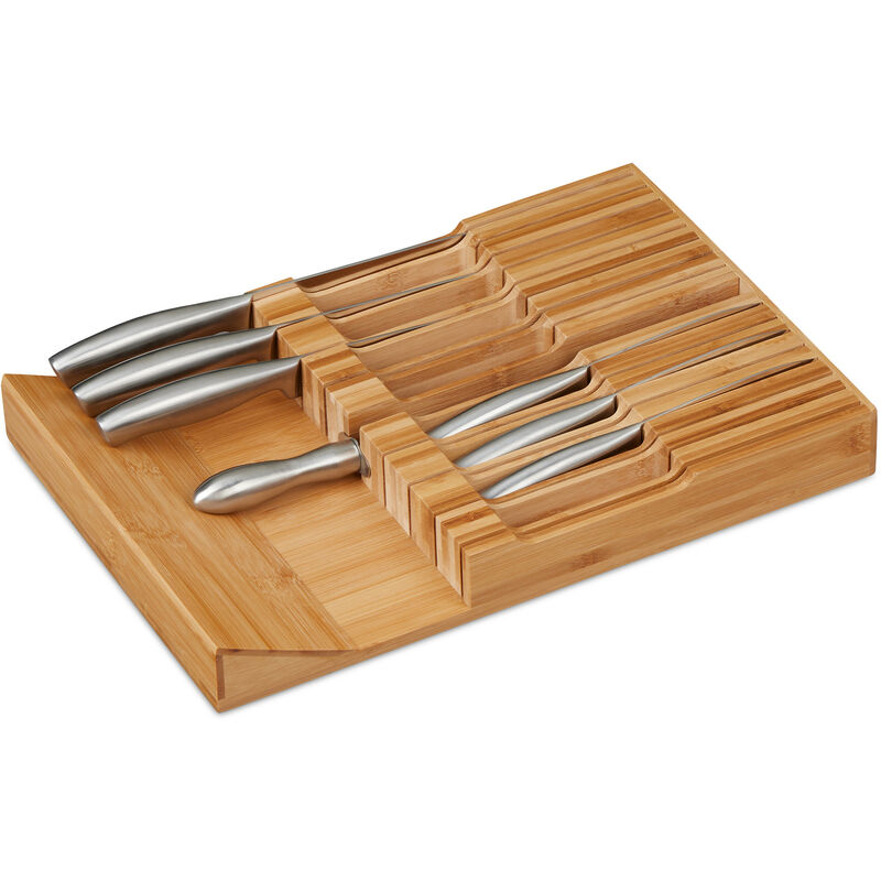 Relaxdays Knife Holder, Drawer Insert, for 16 Knives & Sharpener, Bamboo, Horizontal Storage, 5 x 43 x 29 cm, Natural