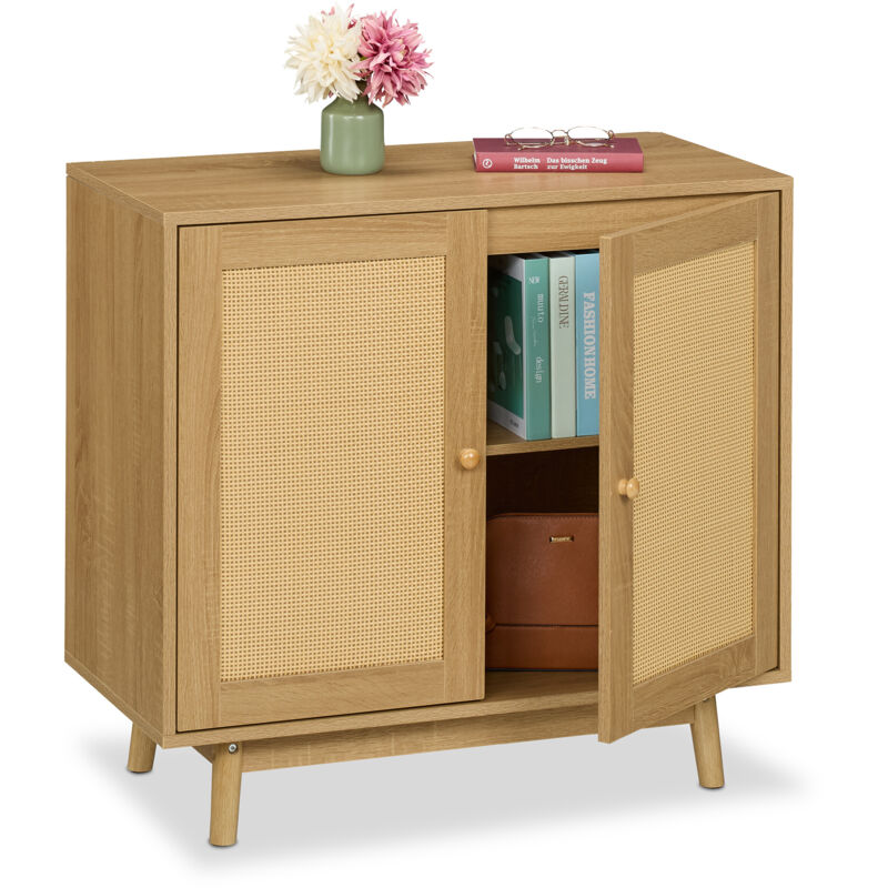 Sideboard, 2 Fächer, Rattan- & Holzoptik, Hxbxt, 75 X 80 X 40 Cm, Wohnzimmer, Küche, Beistellschrank, Natur - Relaxdays