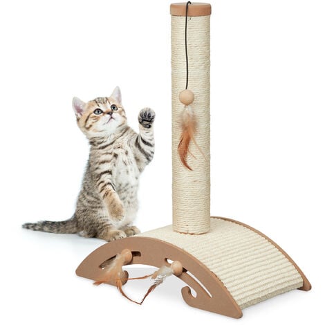 Relaxdays Kratzsäule für Katzen, HBT: 52 x 42 x 22 cm, Kratzstamm mit Spielzeug, Wohnung, Sisalstamm & Kratzbrett, braun