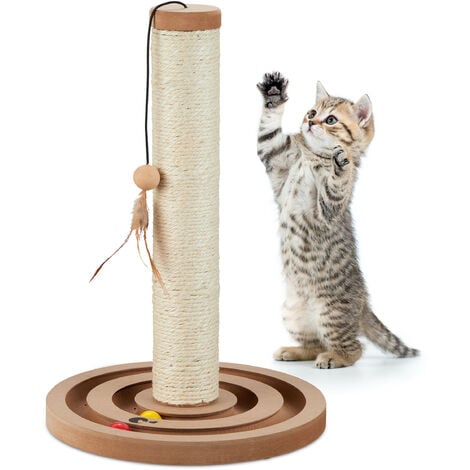 Relaxdays Kratzsäule für Katzen, HxD 45 x 30 cm, Kratzstamm interaktiv, Sisalstamm & Spielzeug, Kratzbaum Wohnung, braun