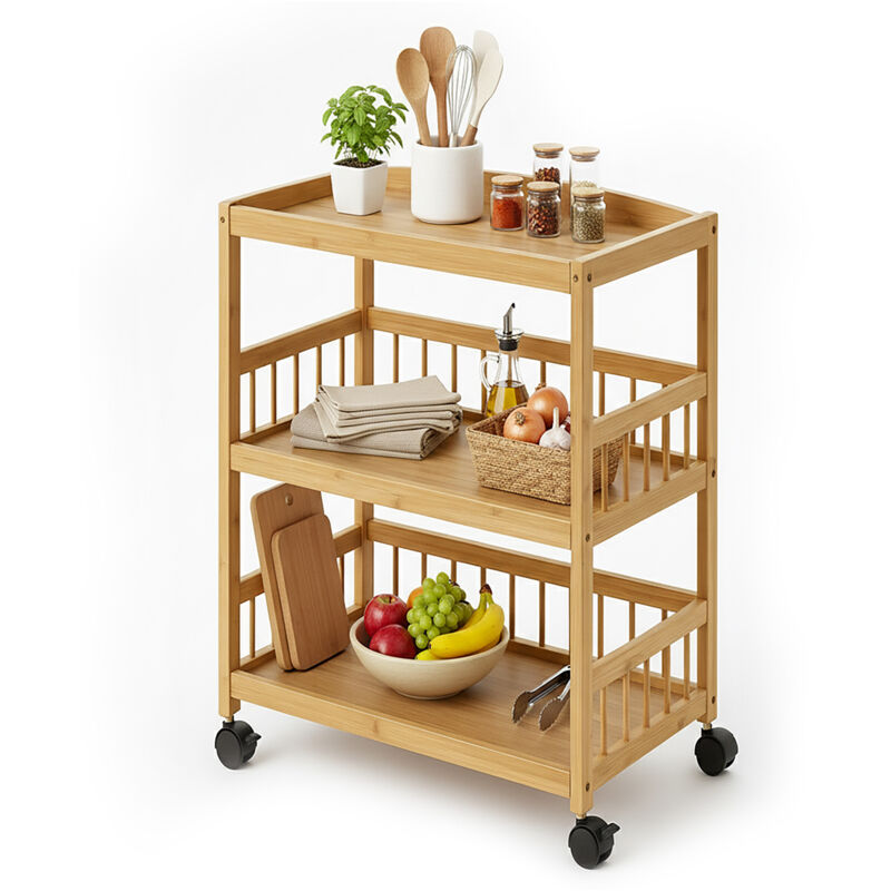 Relaxdays Küchenwagen, Bambus, 3 Ablagen, Für Gewürze & Vorräte, Hxbxt, 80 X 53 X 30 Cm, Schmaler Rollwagen, Natur