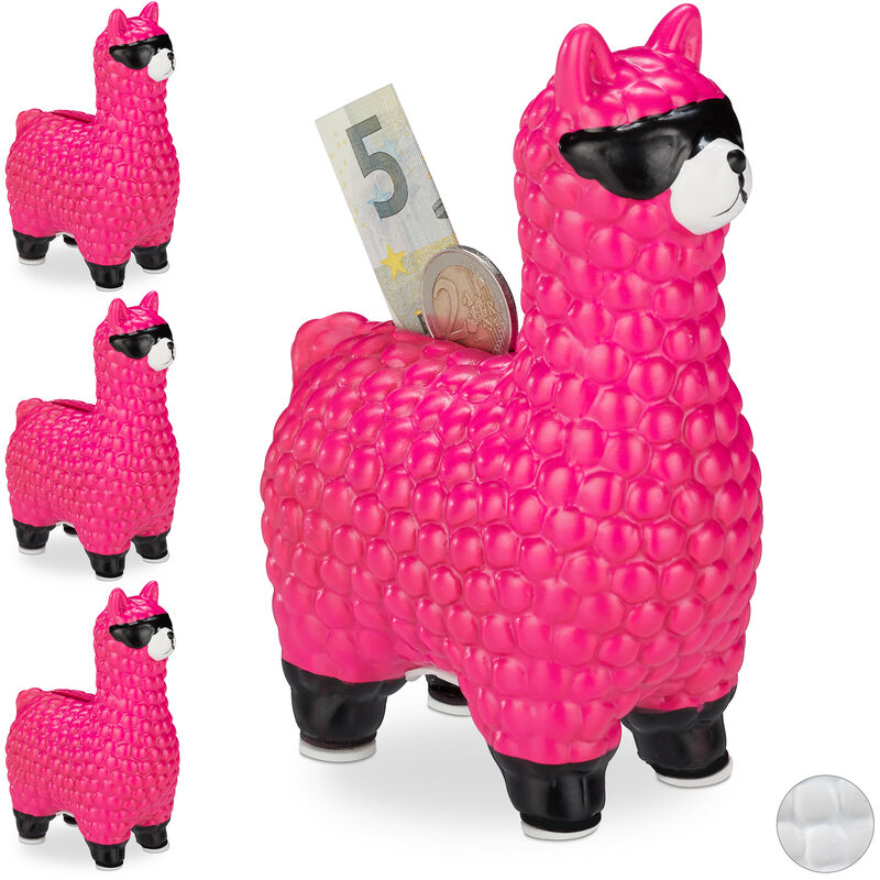 Set of 4 Relaxdays Lama with Sunglasses Savings Banks, Great Gift and Decoration, Ceramic Piggy Bank, 15.5x11x6cm, Pink