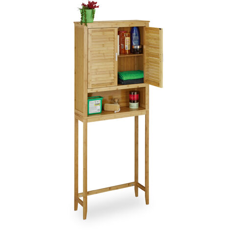 Relaxdays LAMELL Bamboo Washing Machine Cabinet, Floor Storage Unit, Bath Cupboard with Winged Doors, Wood, 3 Shelves, Size: ca 170 x 70 x 22.5 cm, Natural Brown