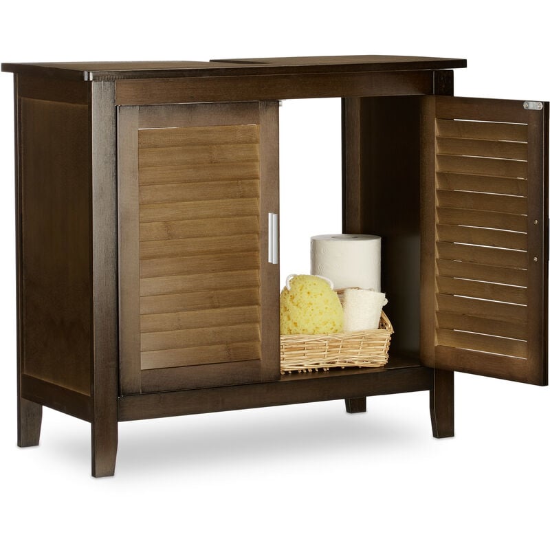 Meuble sous lavabo, bambou, mobilier sous vasque, rangement salle de bain hlp: 60x67x30 cm, marron foncé - Relaxdays