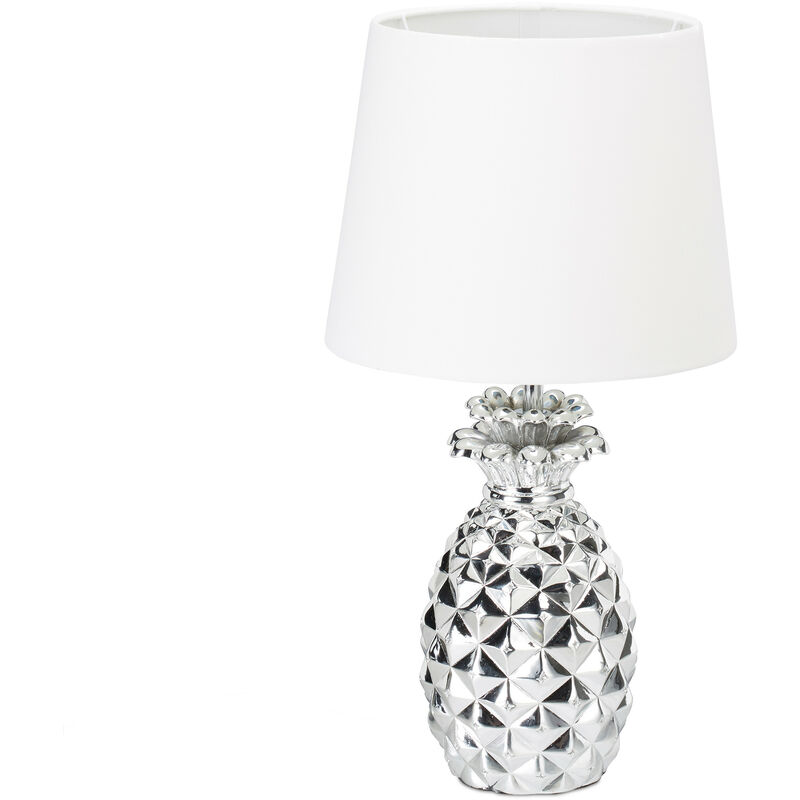 Image of Lampada da Tavolo a Forma di Ananas, con Cavo,Paralume in Stoffa,Design Originale,HxØ: 47x25 cm,bianco/argento - Relaxdays