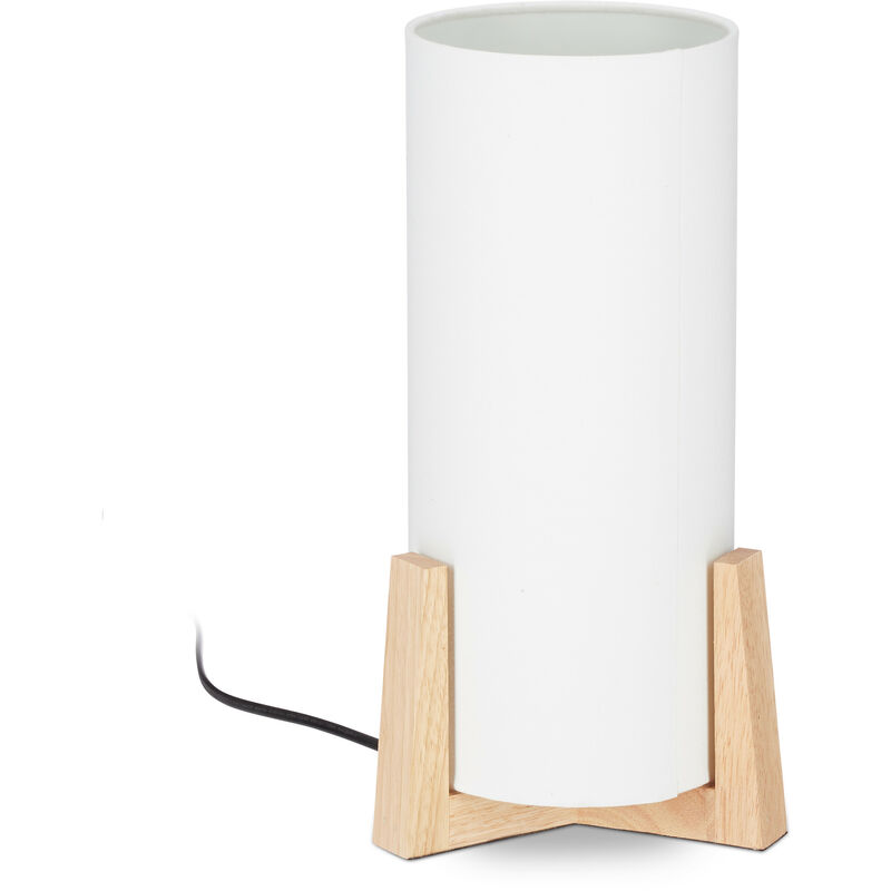 Image of Lampada da Tavolo con Base in Legno, Rotonda, dal Design Originale, E14, HxD 33 x 15 cm, Bianco/Legno Naturale - Relaxdays