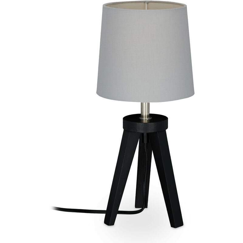 Image of Lampada da Tavolo con Treppiede, Legno e Stoffa, Abat-Jour in Design Moderno, E14, HxD 31x14 cm, Nero Grigio - Relaxdays