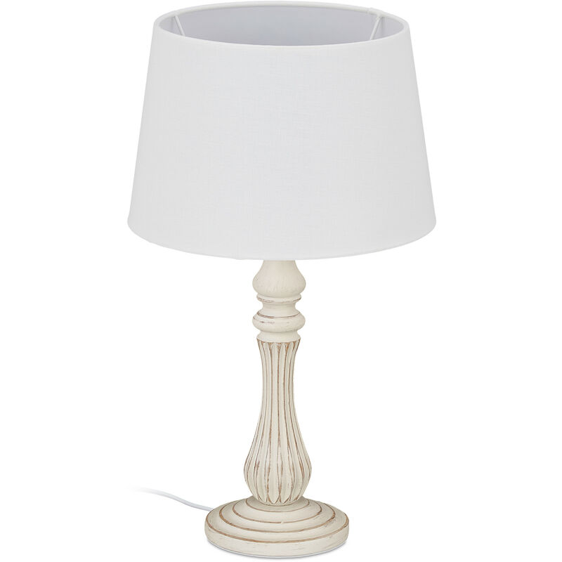 Table Lamp Country Style, E14 Socket, Fabric & Wood, Living & Bedroom, Bedside Lamp, HxD: 47x27 cm, White - Relaxdays