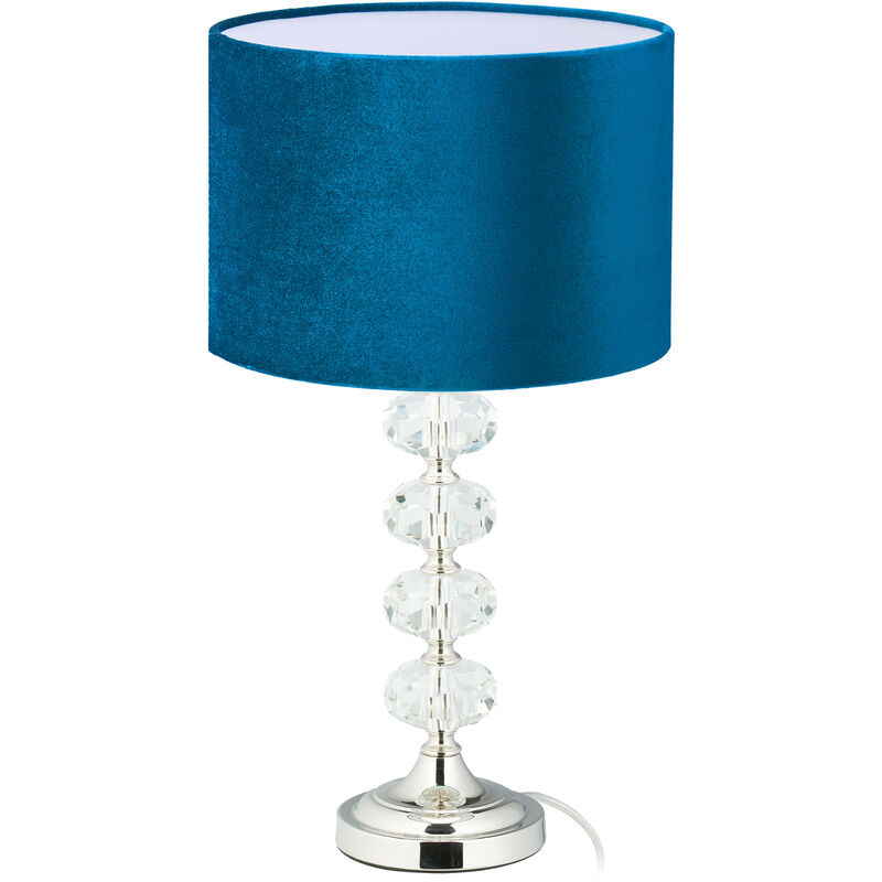 Relaxdays - Table lamp, velvet and crystal, HxD: 47 x 26 cm, E14 socket, bedside lamp, indirect lighting, blue
