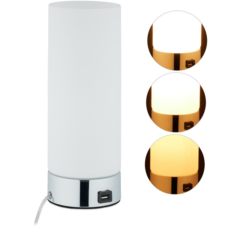 Image of Lampada da Tavolo, Regolabile, Rotonda, Attacco usb & Sensore Touch, da Comodino & Scrivania, 29x11cm, bianco - Relaxdays