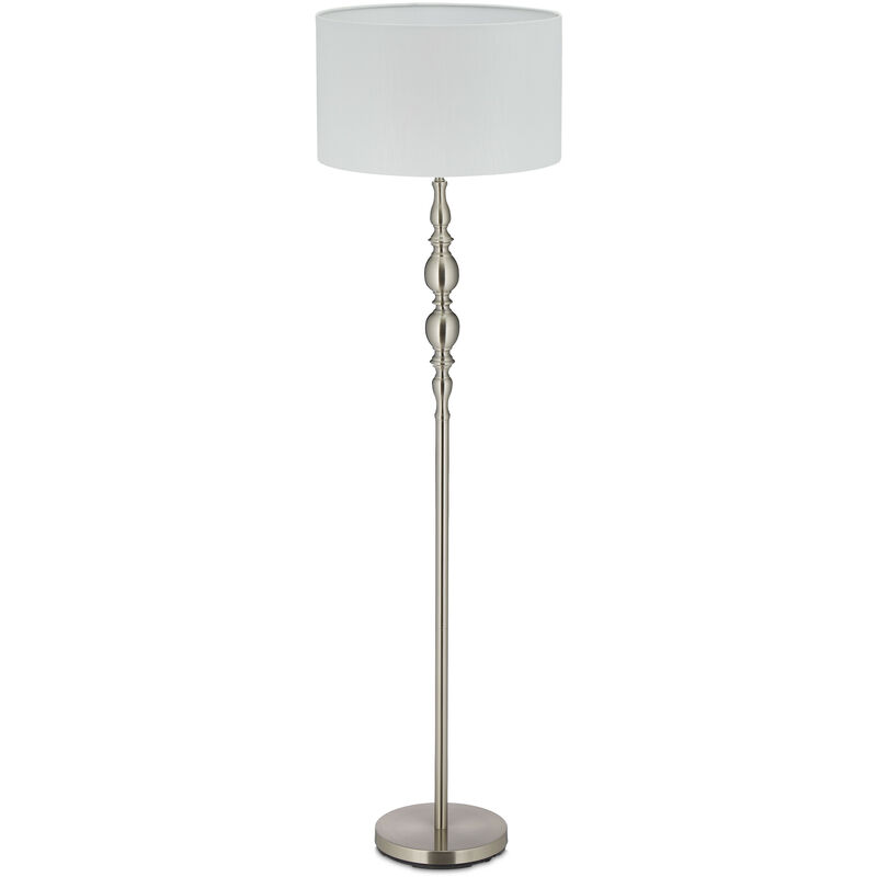 Image of Lampada da Terra, Piantana Salotto E27, Cavo, Paralume Stoffa ø 43 cm, Design Vintage, 155 cm, Bianco/Argento - Relaxdays