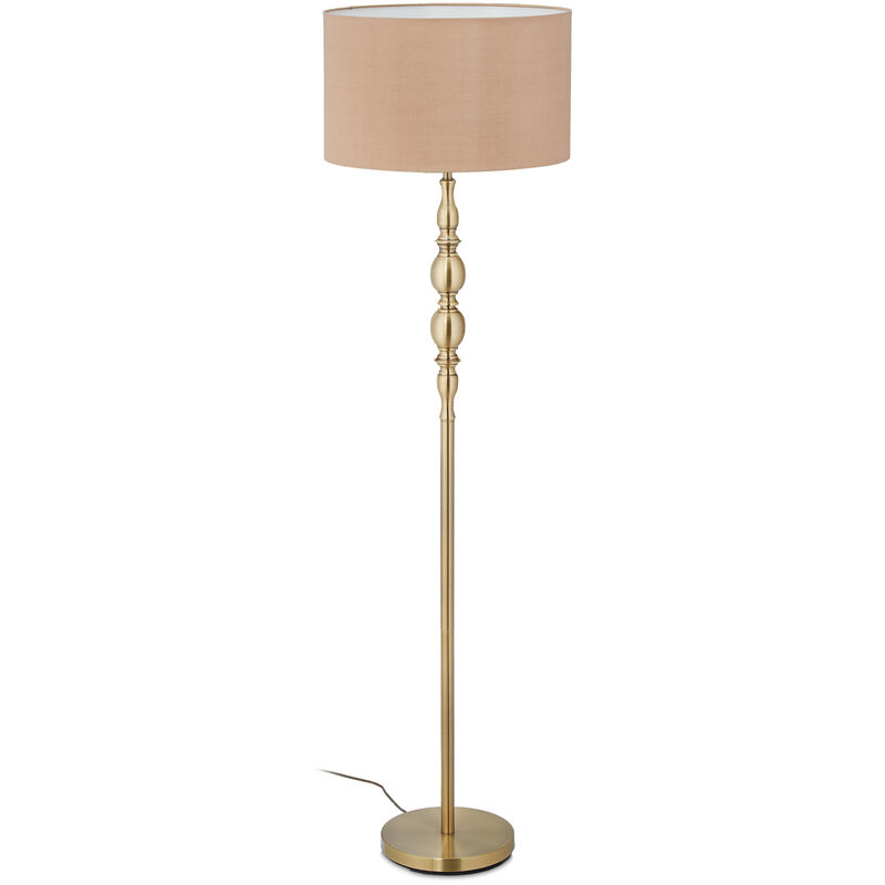 Image of Lampada da Terra, Piantana Salotto E27, Cavo, Paralume Stoffa ø 43 cm, Design Vintage, 156 cm, Beige/Dorato - Relaxdays