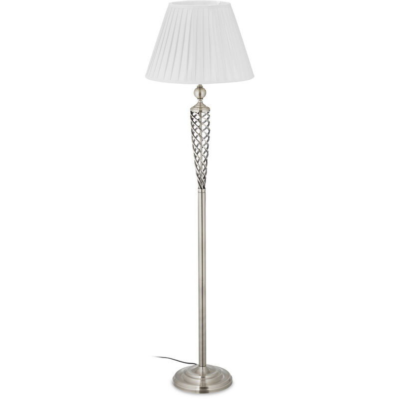 Lampadaire style antique, abat-jour tissu, pied décoratif en métal, E27, HxD : 157x42 cm, argenté/blanc - Relaxdays