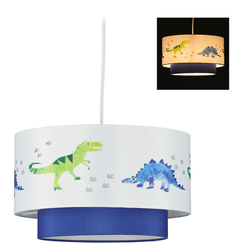 Image of Lampadario Dino, Rotonda, Paralume con Disegni di Dinosauri, Cameretta, Bambini, HxD: 126x30 cm, bianco/blu - Relaxdays
