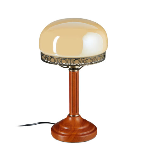 Relaxdays Lámpara Mesa Antigua, Redonda, Base Madera, Estilo Banquero, Look Latón, Retro, Luz Salón o Sobremesa, Beige