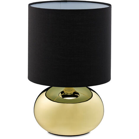 Relaxdays Lampe de chevet, luminaire rond, tactile, HxD: 27,5x18cm, E14, éclairage sur pied avec abat-jour, doré/noir
