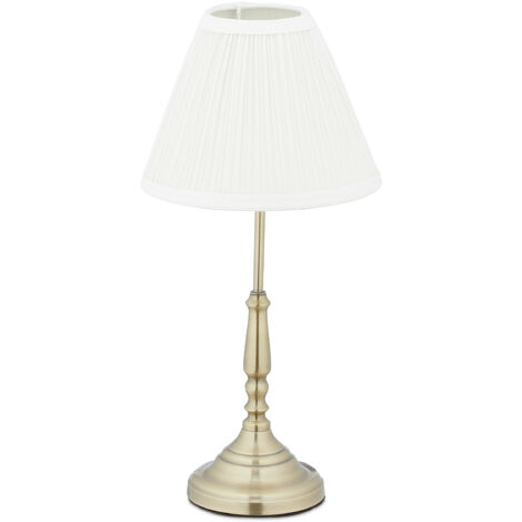 Relaxdays Lampe de table, abat-jour, E14, salon et chambre à coucher, veilleuse en métal, HlP 43 x 21 cm,blanc/doré