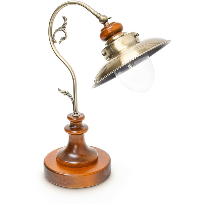 Lampe de Table Antique Design Industriel Bois Massif et Aspect Laiton 40 W E27 bois et fer lampe de chevet, brun