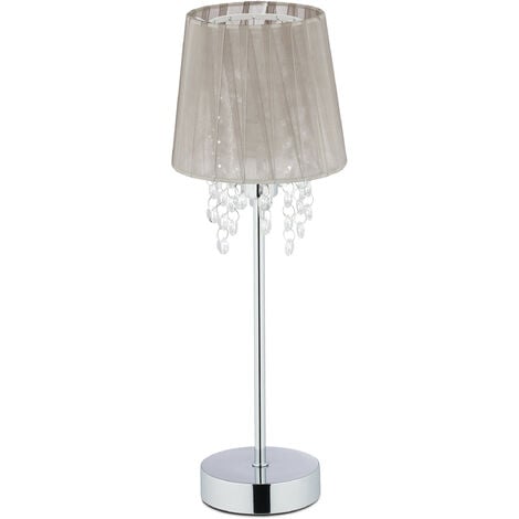   Lampe de table cristal, Abat-jour en organza, pied rond, veilleuse, HxD 41 x 14,5 cm, gris/argenté