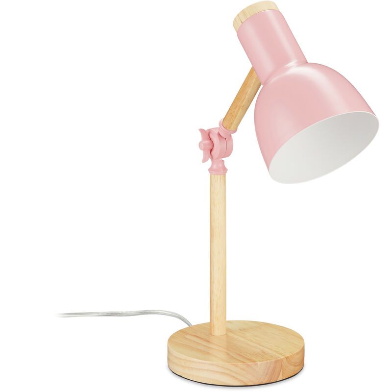 Relaxdays - Lampe de table de travail, retro,bureau,réglable, bois et métal, e 14, HxD 45,5 x 14,5cm, rose