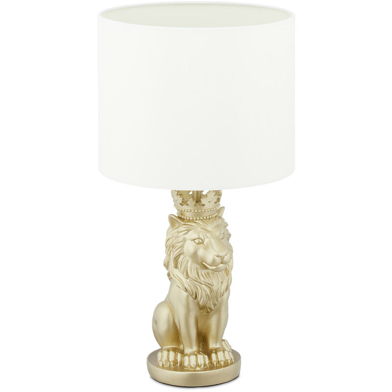 Lampe de table lion, veilleuse avec abat-jour tissu E27, belle lampe de chevet, HxD 47,5 x 25 cm, blanc/or - Relaxdays