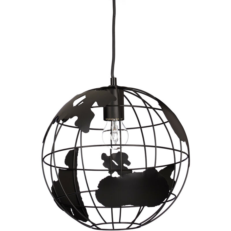 Lampe à suspension abat-jour boule globe monde métal luminaire plafond ø 30 cm, noir - Relaxdays