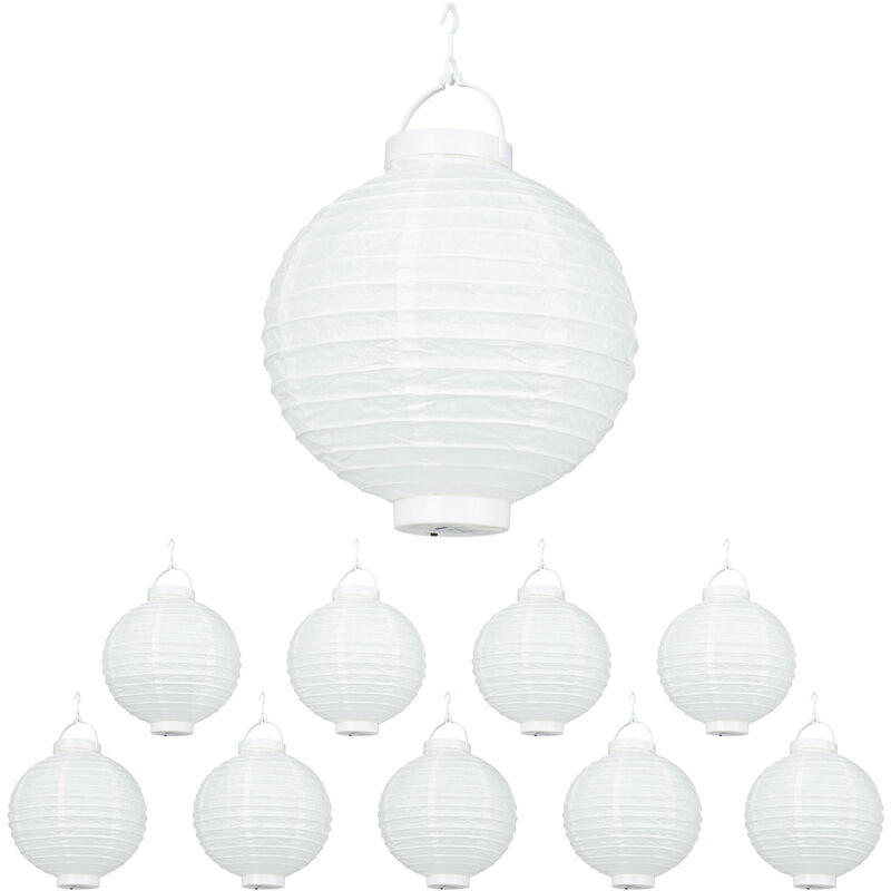 Relaxdays Lampion chinois LED, abat-jour papier lanterne boule 20 cm rond décoration set de 10 à piles, blanc