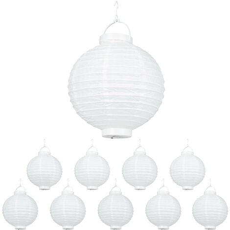   Lampion chinois LED, abat-jour papier lanterne boule 20 cm rond décoration set de 10 à piles, blanc