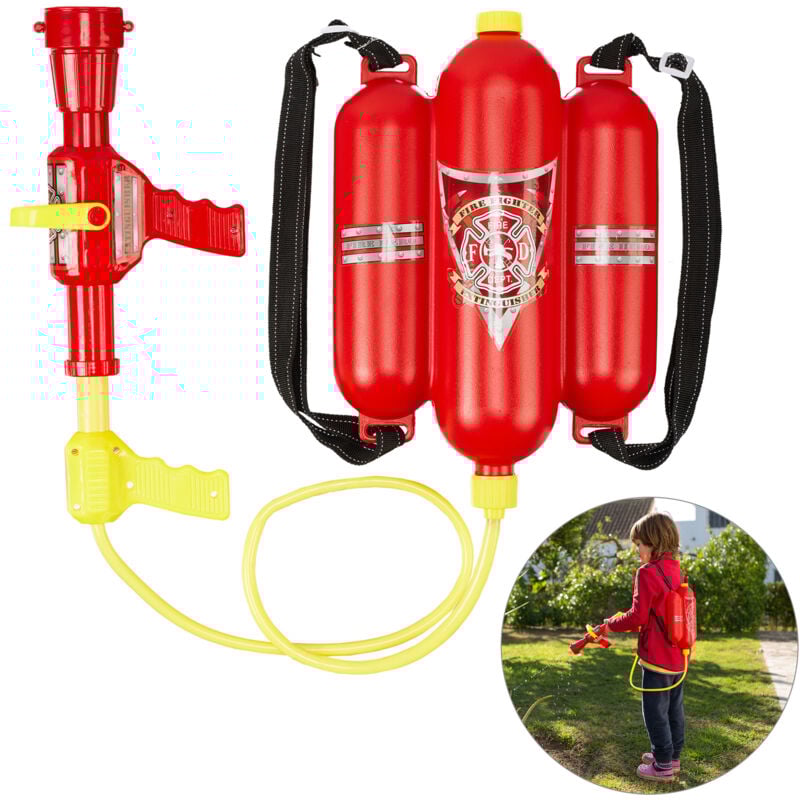 Lance à eau de pompier, lot de 2, 2,5 l de réservoir, 5 m de portée, 2 fonctions de jet, Sac à dos enfants, rouge-jaune