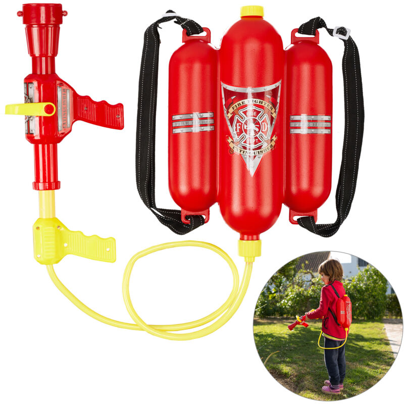Relaxdays - Lance à eau de pompier, lot de 10, 2,5 l de réservoir, 5 m de portée, 2 fonctions de jet, Sac à dos enfants, rouge-jaune