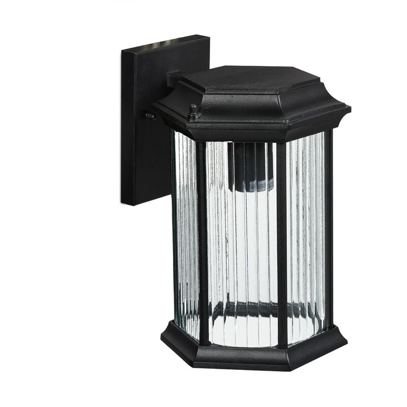 Lanterne murale pour extérieur, métal, verre, E27, hexagonale, IP44, terrasse, à coté de porte d'entrée, noire - Relaxdays