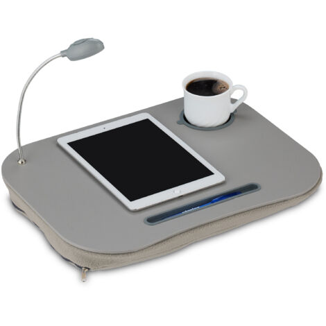 Relaxdays Laptop Tray, Lapdesk With Cup Holder & LED Light, Portable Travel Table, Multi-Purpose, Grey