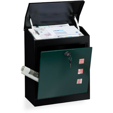 Relaxdays Large Letterbox, Steel, Security Flap, Lock, HxWxD: 53 x 43.5 x 26 cm, Wall Mailbox, Black-Green