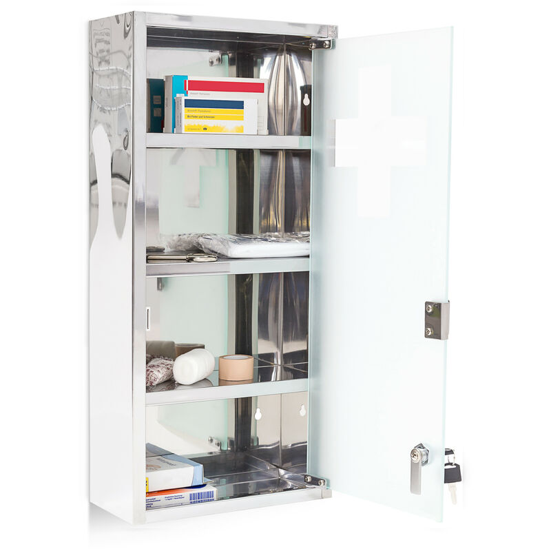 Relaxdays Large Medicine Cabinet 57 X 27 X 12 Cm Stainless Steel Lockable 4 Shelves With Frosted Glass Door Silver 1100185191169