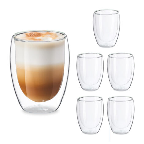 Relaxdays Latte Macchiato Glasses, Set of 6, Double-Walled Cups, 350 ml, Dishwasher-Safe, Coffee Mugs, Transparent