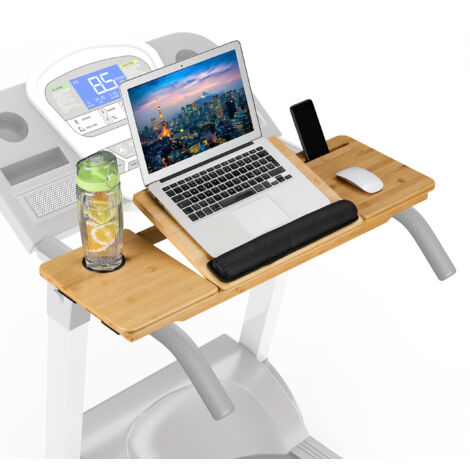 Relaxdays Laufband Schreibtischaufsatz, neigbar, Sicherungsbänder, Handy- & Getränkehalter, Bambus, Laptopständer, natur